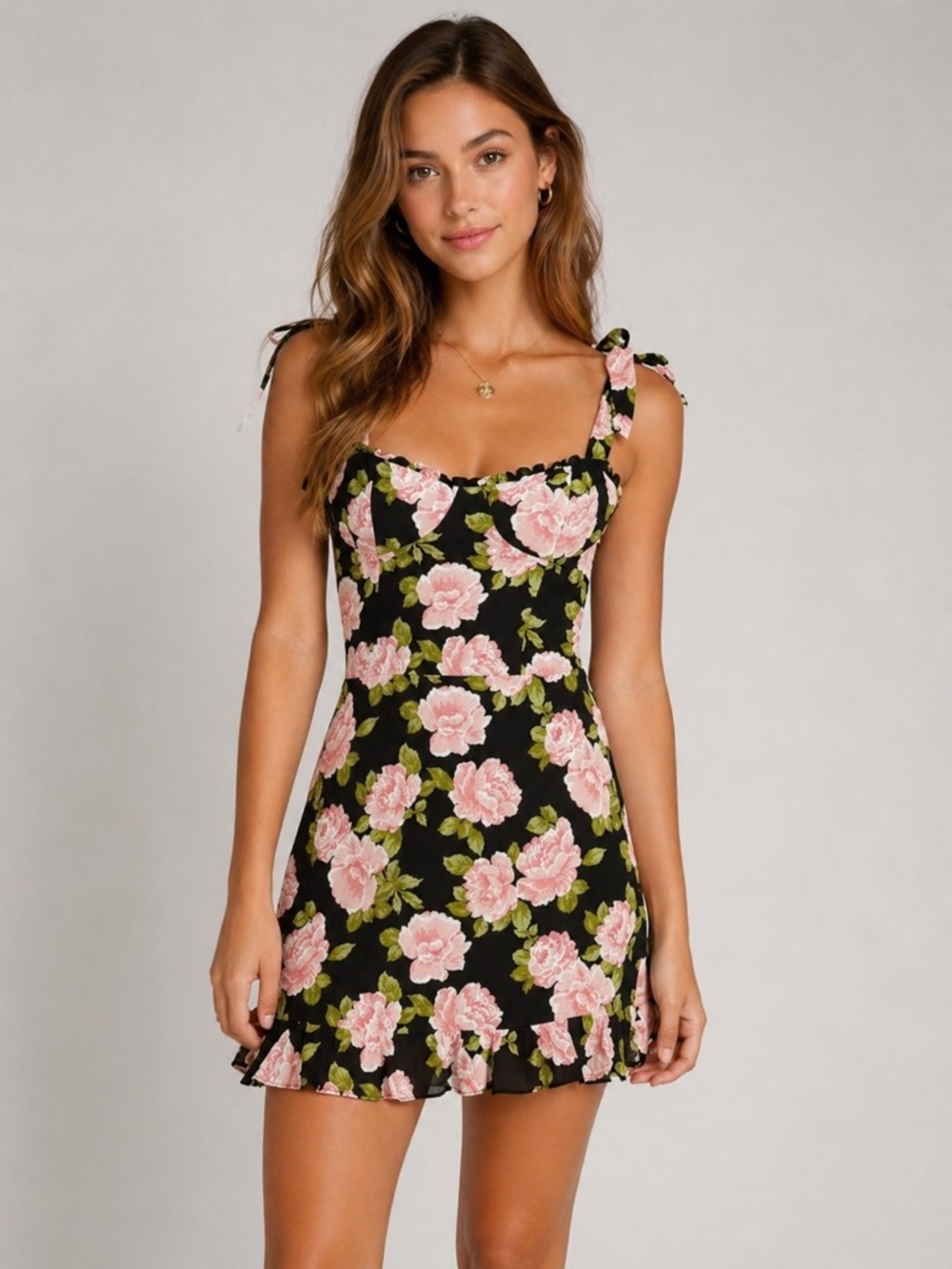 Reformation Black Mini Dress with Pink Floral Print - Picture 2 of 8